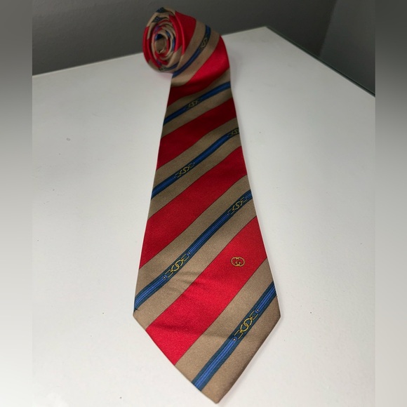 Vintage Gucci Red Gold & Blue Striped Men’s Silk Tie - Picture 1 of 11